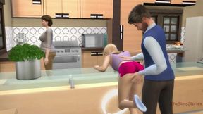 Stepdad fingering stepdaughter in front of stepmother in kitchen