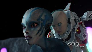 Sci-fi chick in spacesuit tears up gal alien on exoplanet