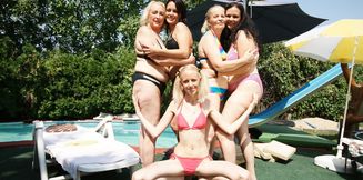 Two grannies and two mature ladies and one teen having a outdoor sex party