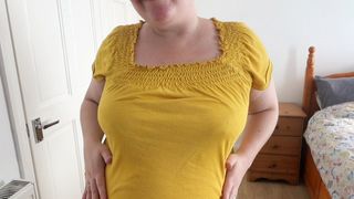 "Shy Step Mom posing and stripping in tight shorts and tight yellow Shirt"