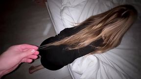 a charming virgin is wearing black leggings for her stepbrothers to cum fast
