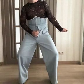 Crossdresser in blue high waist corset jeans, crop top and high heels cum and dance for her BDSM master like a cuckold