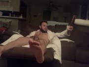 Dad finally Jerks Off after stressful day; smokes and strokes cock in his robe