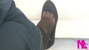 Dangling in Black Flats and Black Nylon Socks