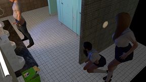 two girls stalk a guy in the bathroom for a threesome