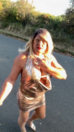 Memorable moment from "Sexy Crossdresser kellycd2022 in gold shiny animal print dress and pantyhose heels"