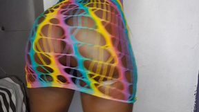 Hefty ebony milf reveals bug oiled ass in rainbow lingerie