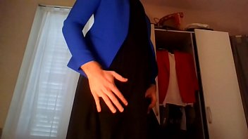 Young amateur cross dresser secretary teasing and masturbating in red hot trench, sexy blue blazer and beautiful black dress