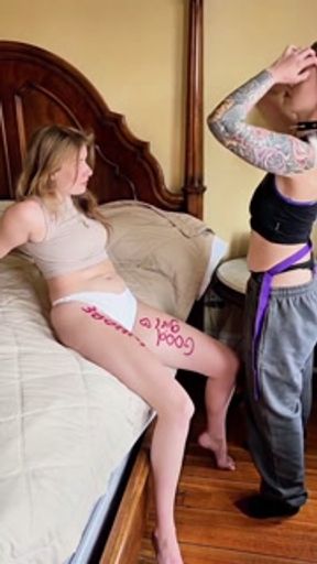 Lesbian Femdom - Blonde Mistress writes on, spanks, and strap-on fucks submissive slut
