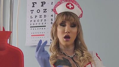 Shemale nurse in fetish uniform Lena Kelly fucked by patient