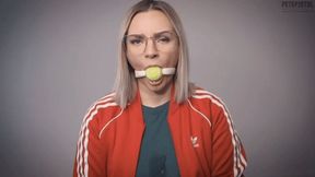 Emily E is ball gagged and extremly drooling with a tennisball gag and dances in Slo Motion (mobile)