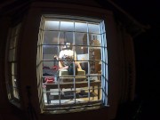 Huge fake tits cross dresser fucks sex doll Giulana in front of open window Busted twice