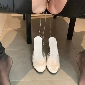 Cum and Piss on White High Heel Mules