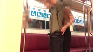 Japanese woman hugs me from behind on the train and gives me a handjob and nipples