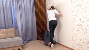 New black shoes with white soles on relaxed face, vf1389x 1080p