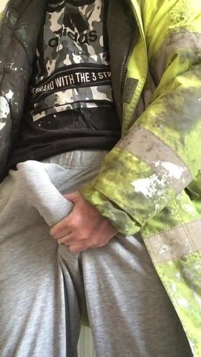 Cumshot in grey trackies and dirty hi-vis workgear