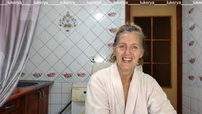 Hot Hostess Lukerya in the Kitchen in a Dressing Gown