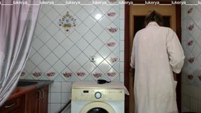 Hot Hostess Lukerya in the Kitchen in a Dressing Gown