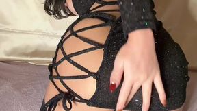 Busty Asian sissy crossdresser teases and masturbates in lingerie