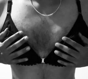 Sissy Shows Small Boobs in  Black Bra &amp; Panty