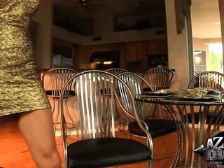 Hot pumped up Abby Marie shows anything off in gold costume