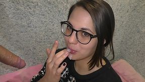 Pretty brunette teen in glasses sucks dick of her boyfriend and swallows cum!