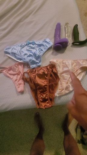 Sissy in pink satin panties cumming with a dildo.