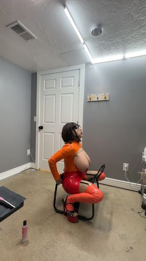 Jaw-dropping moment from "Velma riding her favorite chair with her huge cock and big tits"
