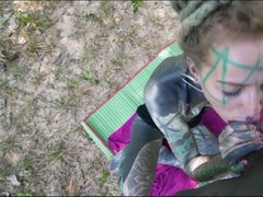 Tattooed couple anal fuck outdoors