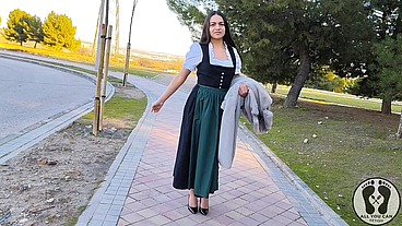 LATINA IN DIRNDL SLUT LIGHTHER PUSSY PLAY, OUTDOOR PISS & TITTY CUM FINISH