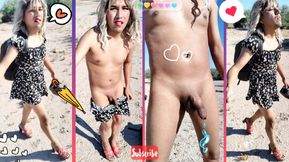 Shemale hot slut strips naked in public in mini dress and red heels very hot penis