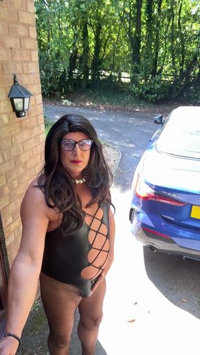 Sexy Crossdresser Kellycd2022's in Black Pvc Bodysuit and Fishnet Pantyhose
