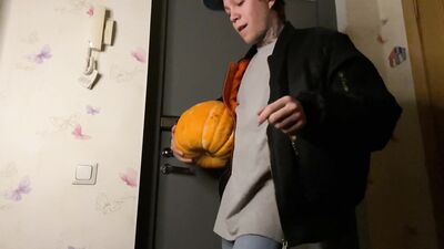 Harry fucked a Halloween pumpkin with a big dick while Jen was peeking, then Jon framed his ass