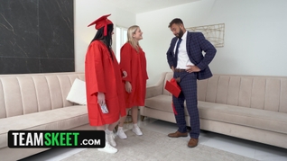 Graduation Fuck Fest: Imani and Jill Choke on Stepdad's Cock to Show Their Appreciation