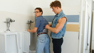 School nerd Shae Reynolds gets bullied in the restrooms by popular guy Felix Fox