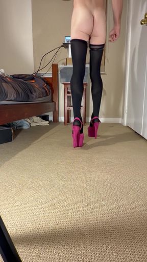 Pink Wig Sissy Slut Spreads in Heels and Stockings - Ass up Clitty Out