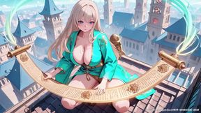 Blonde in a Green Kimono! Lazy Terrace Reading, off-shoulder Design Is Too Sinful!
