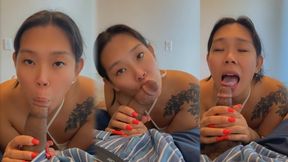 sexy asian girl giving sloppy blowjob CUMSHOT IN MOUTH