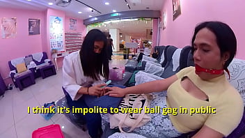 Sissy Boy Humiliate Himself By Wearing Ball Gag At The Mall