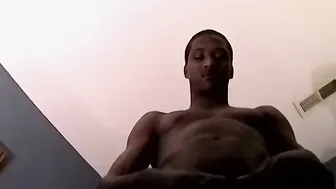 Black jock strokes his big dick and gets a blowjob with cum in mouth