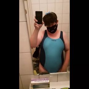 Chubby Femboy in Swimsuit Masturbating at the Shower