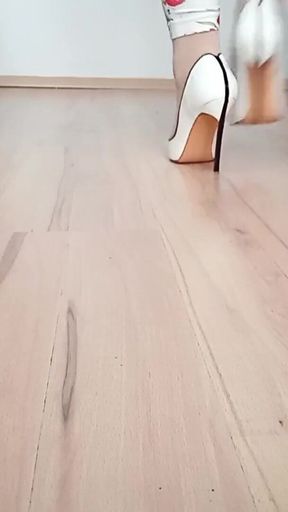 Crossdresser Walks in White Casadei Blade Pointed Toe High Heels Pumps
