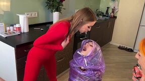 sadistic bitches turned a girl into a human trash can and spit on her mouth and face