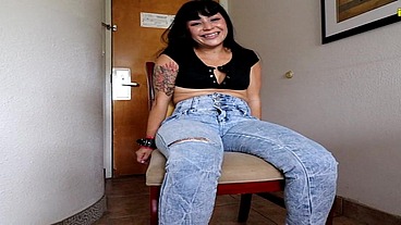 Bound Sushii wetting her skintight jeans on chair