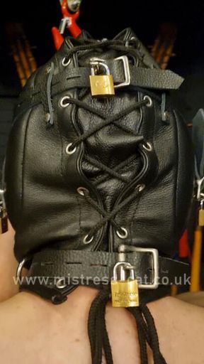 Locked into a leather hood