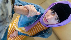 Petite teen hijab girl fingers her tight pink pussy on her knees