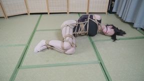 lz6-White Tights Dance Outfit: Rope Bondage Waist Cinching with Hands Bound Behind Back