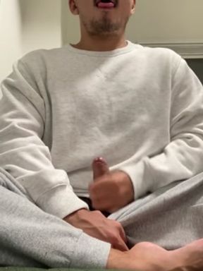 A crazy psycho Japanese pervert tasting his own milk after jerking off at 4 in the morning