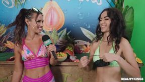 Blonde in bikini talks money while getting fucked