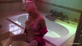 Hot busty blondes tease and suck on a hard dick in the bathtub